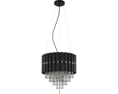 Závěsná lampa s válcovitým tvarem, černé trubky, krystaly a ozdoby z imitace drahokamů