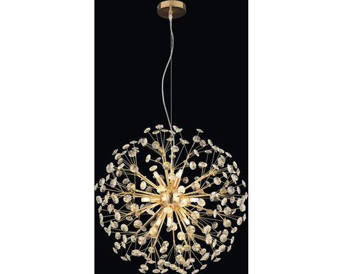 Závěsná lampa se zlatým rámem a čirými dekorativními prvky