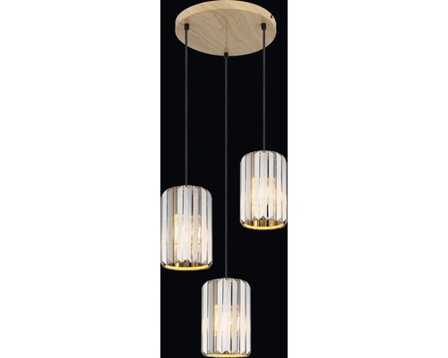 Závěsná lampa se třemi světly, křišťálem a dřevem