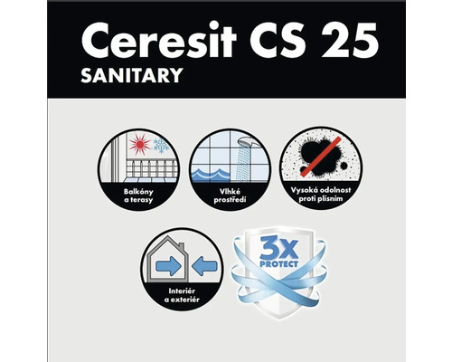 Ceresit CS 25 Sanitární použití a vlastnosti produktu: vhodný pro balkony a terasy, vlhké prostředí, vysoká odolnost proti plísním, interiér a exteriér, trojitá ochrana