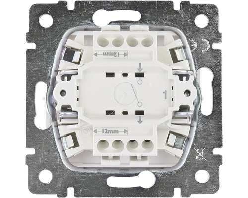 Detailní pohled na spínač s kovovým rámem a plastovým pouzdrem.