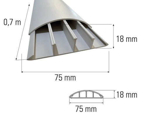 Kabelový kanál s rozměry 0,7 metru délky, 75 milimetrů šířky a 18 milimetrů výšky.