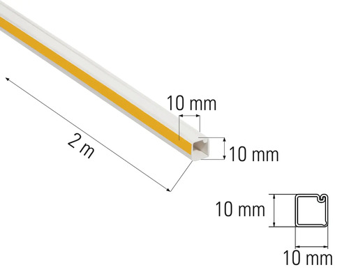 Dva metry dlouhá kabelová lišta o rozměrech deset krát deset milimetrů.