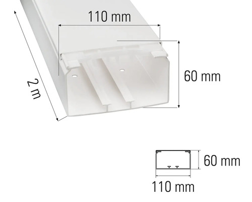Instalační kanál z plastu, délka 2 metry, šířka 110 milimetrů a výška 60 milimetrů