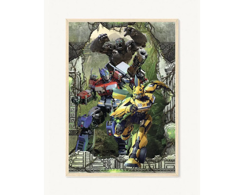Rámovaný obraz s motivem Transformers, včetně Optimuse Prime a Bumblebee