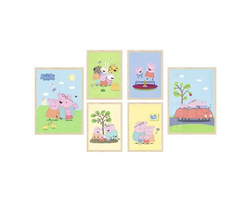 Šest zarámovaných nástěnných obrazů Peppa Pig s různými scénami