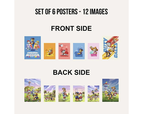 Sada šesti plakátů s motivy Tlapkové patroly, přední a zadní strana