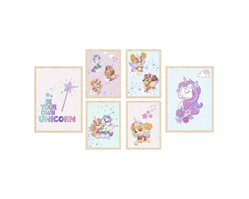 Šest nástěnných dekorací Tlapková patrola s motivy jednorožce v dřevěném rámu