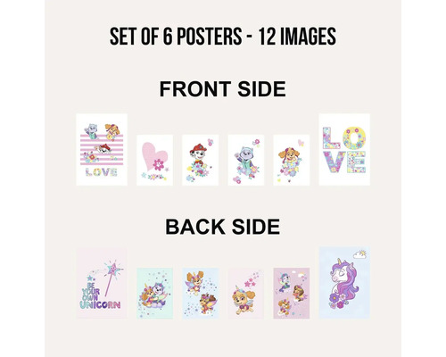 Sada šesti plakátů s obrázky Tlapkové patroly a jednorožců