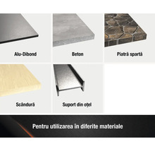Přehled různých stavebních materiálů: hliníková kompozitní deska, beton, lomový kámen, dřevěná deska a ocelový nosník