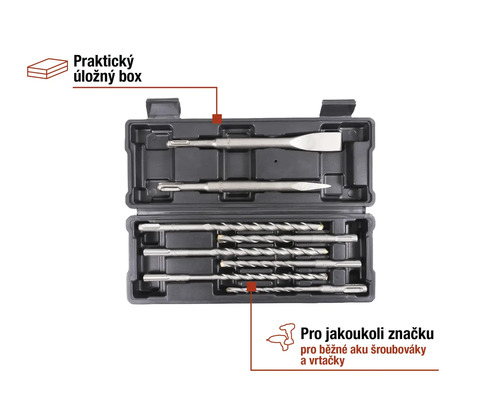 Sada vrtáků se špičatým sekáčem, plochým sekáčem a vrtáky v úložném kufříku