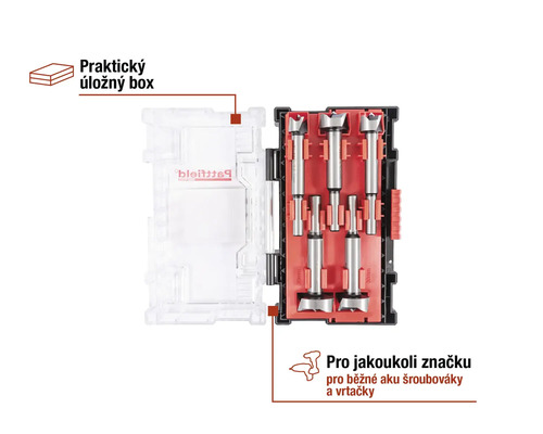Sada Forstnerových vrtáků v úložném boxu