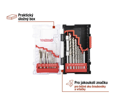Sada vrtáků a závitníků v úložném boxu