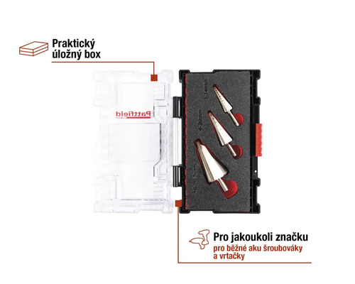 Sada stupňovitých vrtáků v úložném boxu