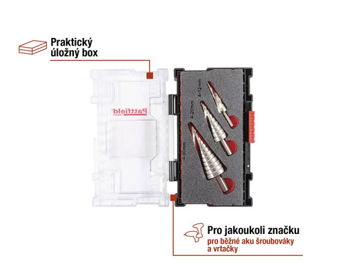 Sada stupňovitých vrtáků v úložném boxu