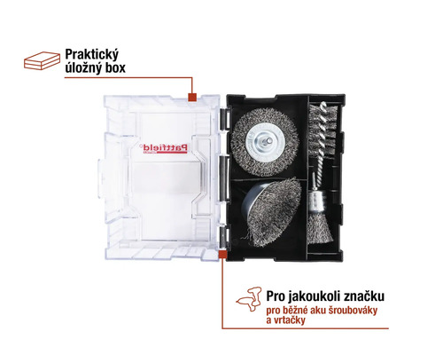 Sada drátěných kartáčů s úložným boxem pro akumulátorové šroubováky a vrtačky