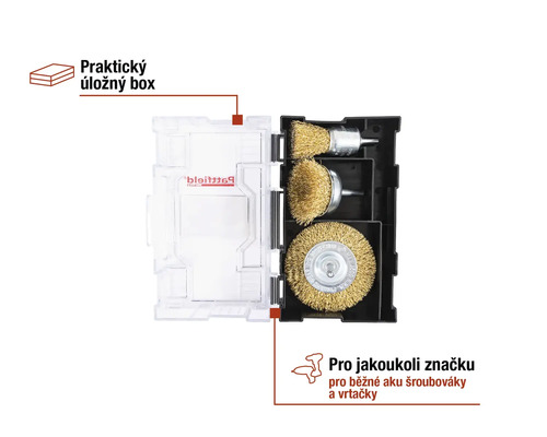 Sada drátěných kartáčů v úložném boxu pro vrtačky