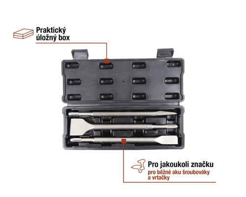 Sada sekáčů s úložným boxem pro vrtačky