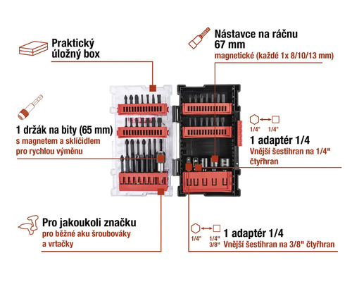 Sada bitů s úložným boxem, držákem bitů a magnetickými šroubovacími nástavci