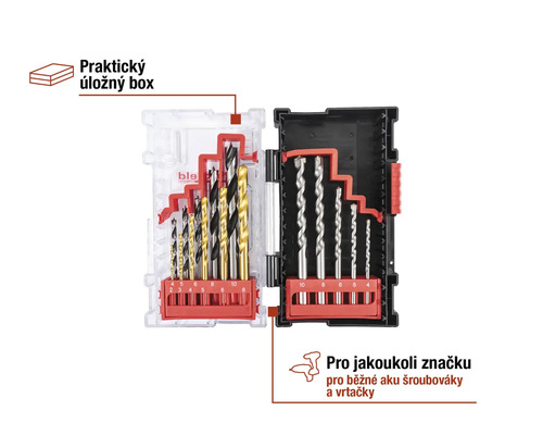 Sada vrtáků v otevřeném úložném boxu