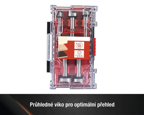 Sada Forstnerových vrtáků Pattfield různých velikostí v průhledné plastové krabičce