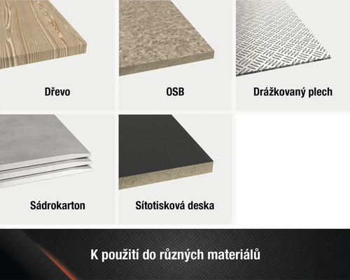 Přehled různých dřevěných desek, jako je dřevo, OSB, slzičkový plech, sádrokarton a sítotisková deska.