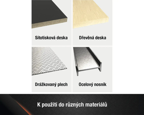 Výběr různých materiálů: sítotisková deska, dřevěná deska, slzičkový plech a ocelový nosník.