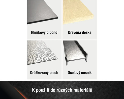 Ilustrace různých materiálů: hliníková deska Dibond, dřevěná deska, slzičkový plech a ocelový nosník.