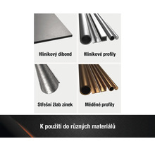 Výběr různých materiálů: hliníkové kompozitní desky, hliníkové profily, zinkové okapy a měděné profily.