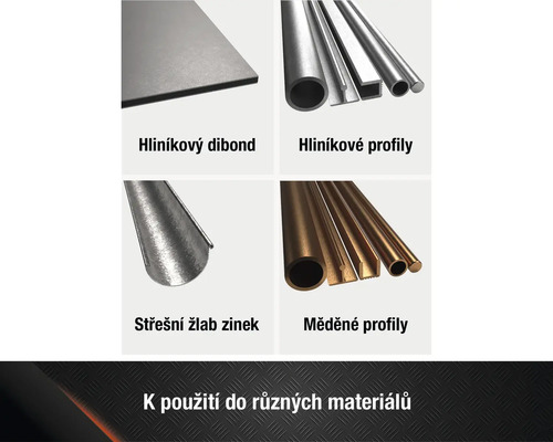 Výběr různých materiálů: hliníkové kompozitní desky, hliníkové profily, zinkové okapy a měděné profily.