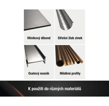 Výběr různých materiálů: hliníkový dibond, zinkový okap, ocelový nosník a měděné profily.