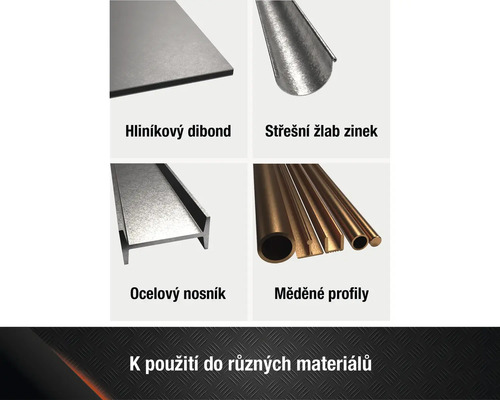Výběr různých materiálů: hliníkový dibond, zinkový okap, ocelový nosník a měděné profily.