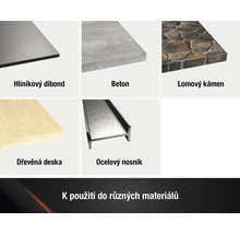 Přehled produktů z různých stavebních materiálů, jako jsou hliníkové kompozitní panely, beton, lomový kámen, dřevěná deska a ocelový nosník.