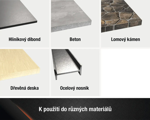 Přehled produktů z různých stavebních materiálů, jako jsou hliníkové kompozitní panely, beton, lomový kámen, dřevěná deska a ocelový nosník.