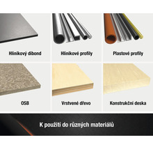 Produktový přehled různých stavebních materiálů, jako jsou hliníkové kompozitní desky, hliníkové profily, plastové profily, OSB desky, vrstvené dřevo a konstrukční desky