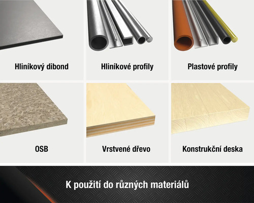 Produktový přehled různých stavebních materiálů, jako jsou hliníkové kompozitní desky, hliníkové profily, plastové profily, OSB desky, vrstvené dřevo a konstrukční desky