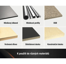 Přehled produktů z různých materiálů, jako jsou hliníkové desky, hliníkové profily, OSB desky, překližka, sítotiskové desky a konstrukční desky.
