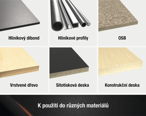 Přehled produktů z různých materiálů, jako jsou hliníkové desky, hliníkové profily, OSB desky, překližka, sítotiskové desky a konstrukční desky.