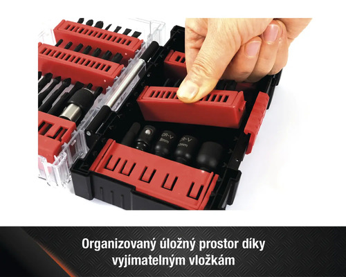 Otevřený kufřík na nářadí s bity a nástrčkovými klíči