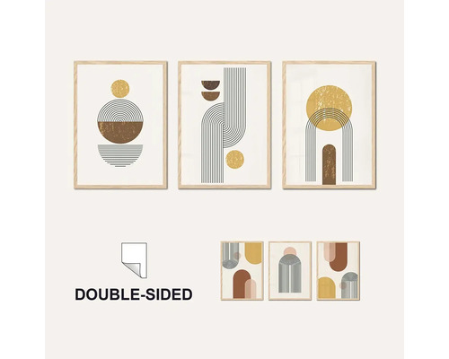 Tři zarámované umělecké tisky s abstraktními geometrickými motivy a oboustranným potiskem