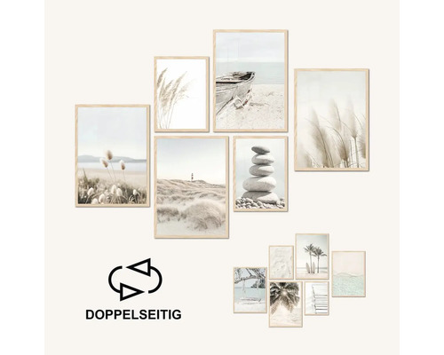 Sada obrázků s plážovými motivy a přírodními motivy v dřevěném rámu