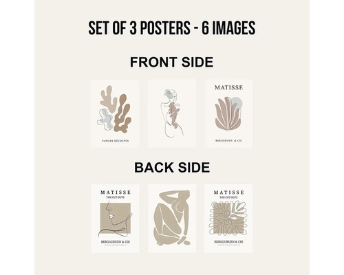 Sada tří plakátů se šesti obrázky, přední a zadní strana