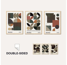 Tři umělecké tisky Bauhaus s geometrickými tvary v dřevěném rámu