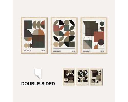 Tři umělecké tisky Bauhaus s geometrickými tvary v dřevěném rámu
