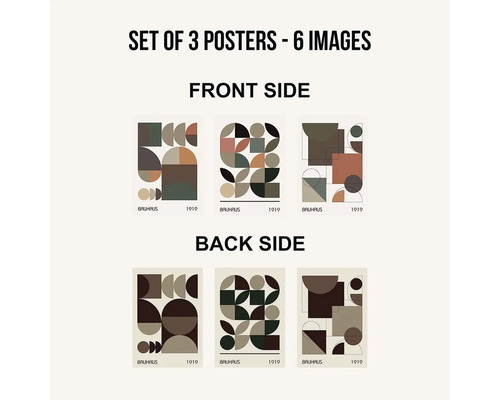 Sada tří plakátů s motivy Bauhaus, přední a zadní strana