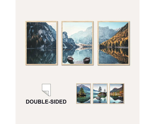 Nástěnné obrazy s horskou jezerní krajinou, rámované a oboustranné