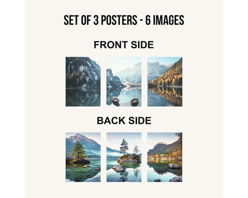 Sada tří plakátů se šesti obrázky jezer a hor.