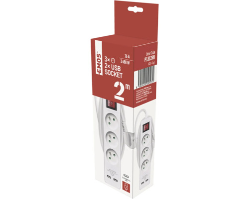 Prodlužovací kabel Emos se třemi zásuvkami a dvěma USB porty, 2 metry kabelu, v obalu produktu