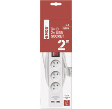 Prodlužovací kabel Emos se třemi zásuvkami a dvěma USB porty, délka kabelu 2 metry