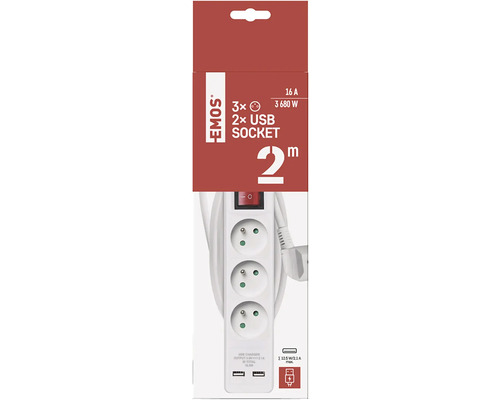 Prodlužovací kabel Emos se třemi zásuvkami a dvěma USB porty, délka kabelu 2 metry